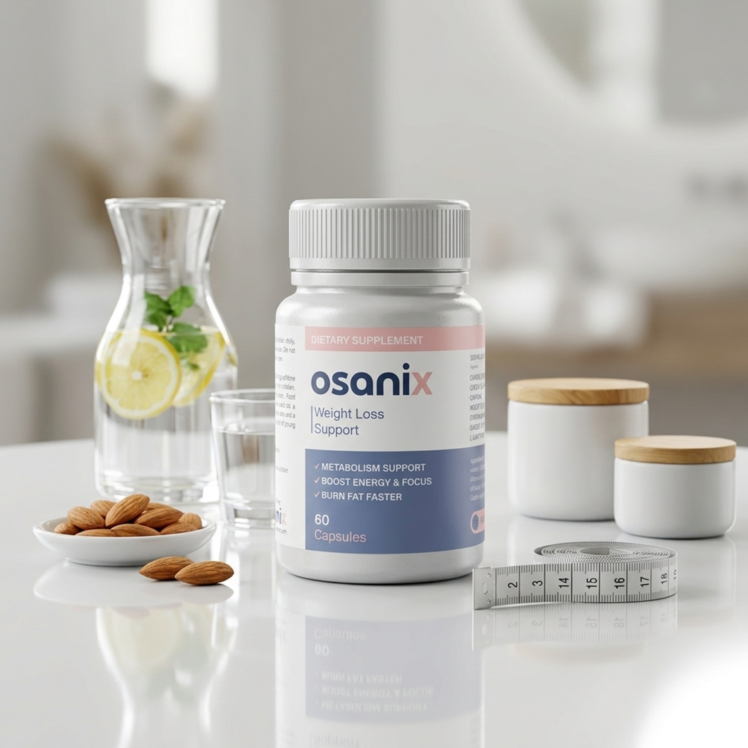 Osanix-fles naast water en een meetlint